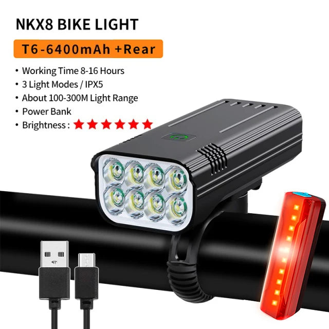 10000mAh 6-8 LED Bike Light USB Rechargeable 3600 Lumens Bike Headlight