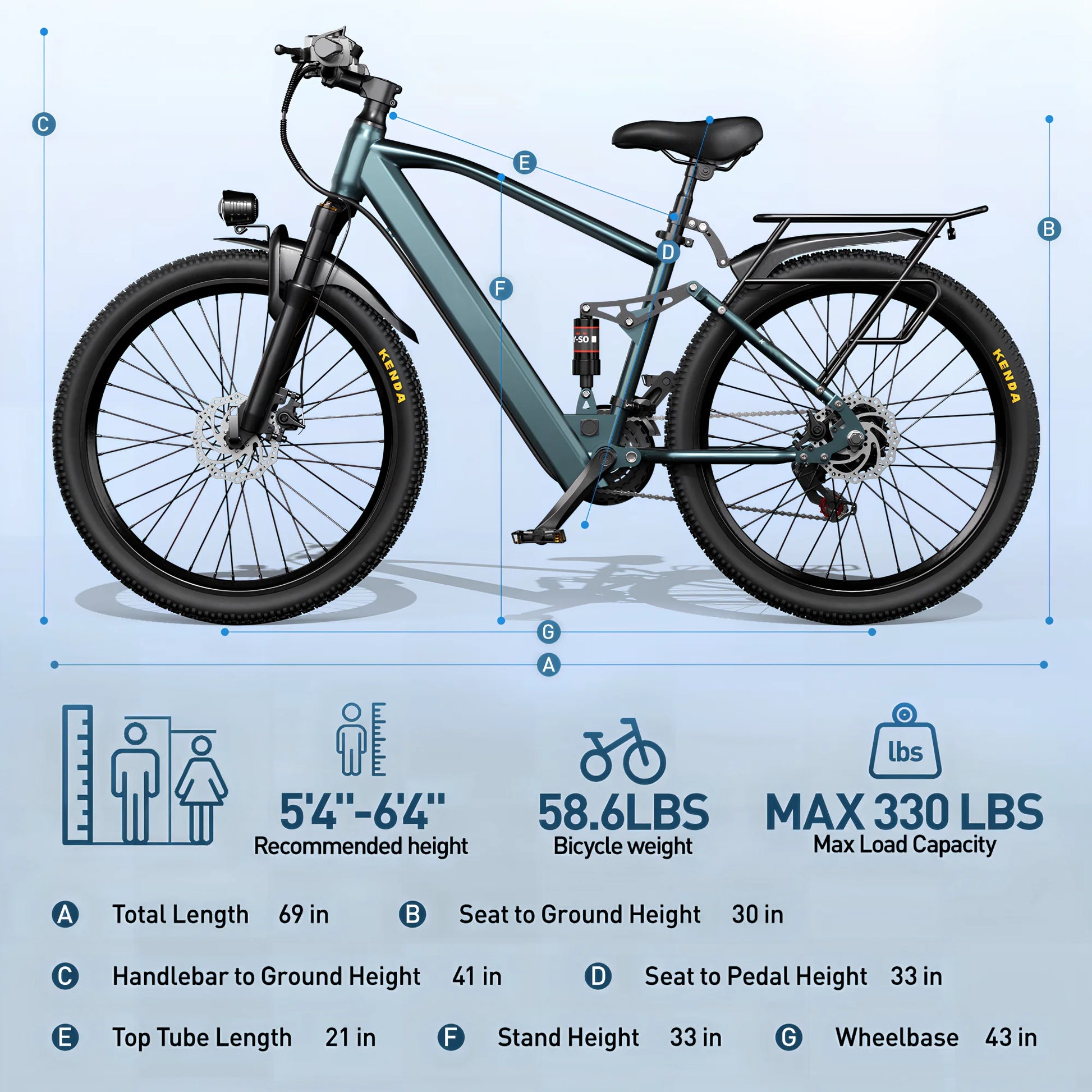 Electric bicycle with specifications on a blue background