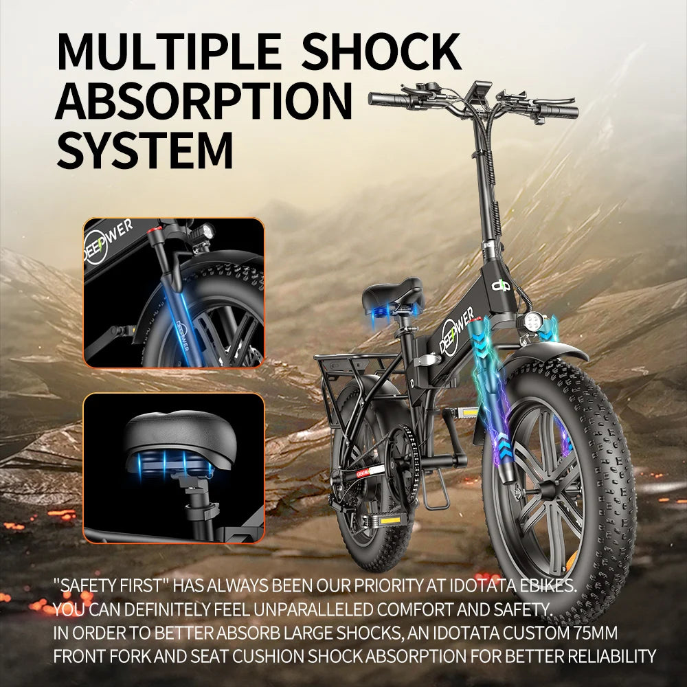 IDOTATA 1000W Electric Bike with multiple shock absorption system for enhanced comfort and safety during rides.