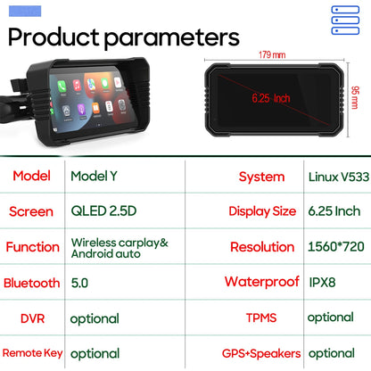 6.25-Inch Motorcycle Navigation Screen with Wireless CarPlay & Android Auto.