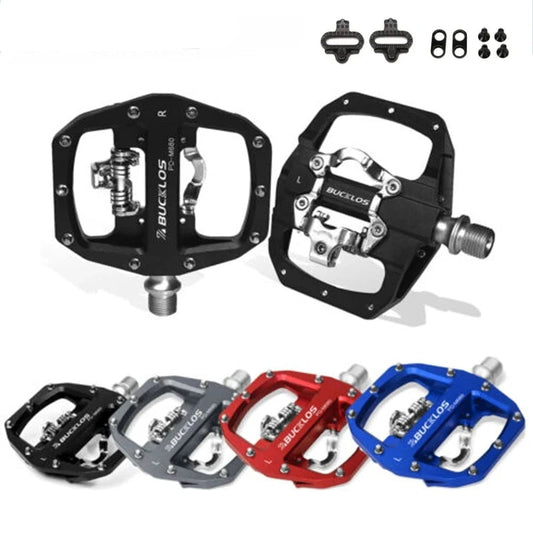 Bicycle pedals in black, red, and blue with additional components on a white background.