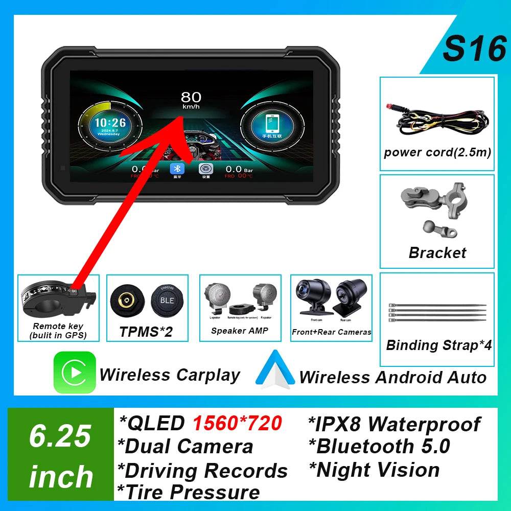 6.25-inch AutoNevee Car & E-Bike GPS with Wireless CarPlay and Android Auto