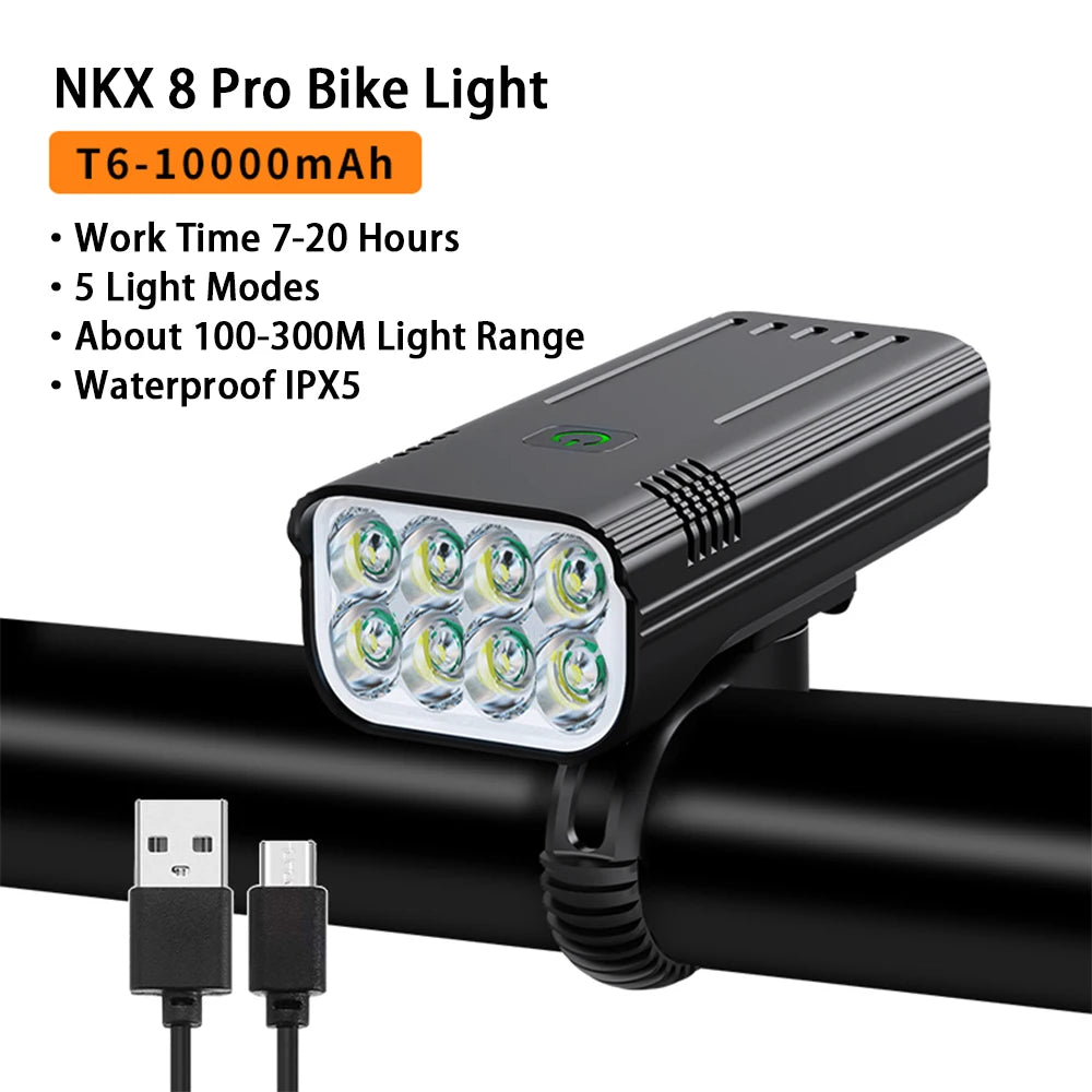 10000mAh 6-8 LED Bike Light USB Rechargeable 3600 Lumens Bike Headlight