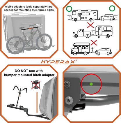 Lift-assisted hitch-mounted RV e-bike rack with ramp, carrying two fat tire electric bikes