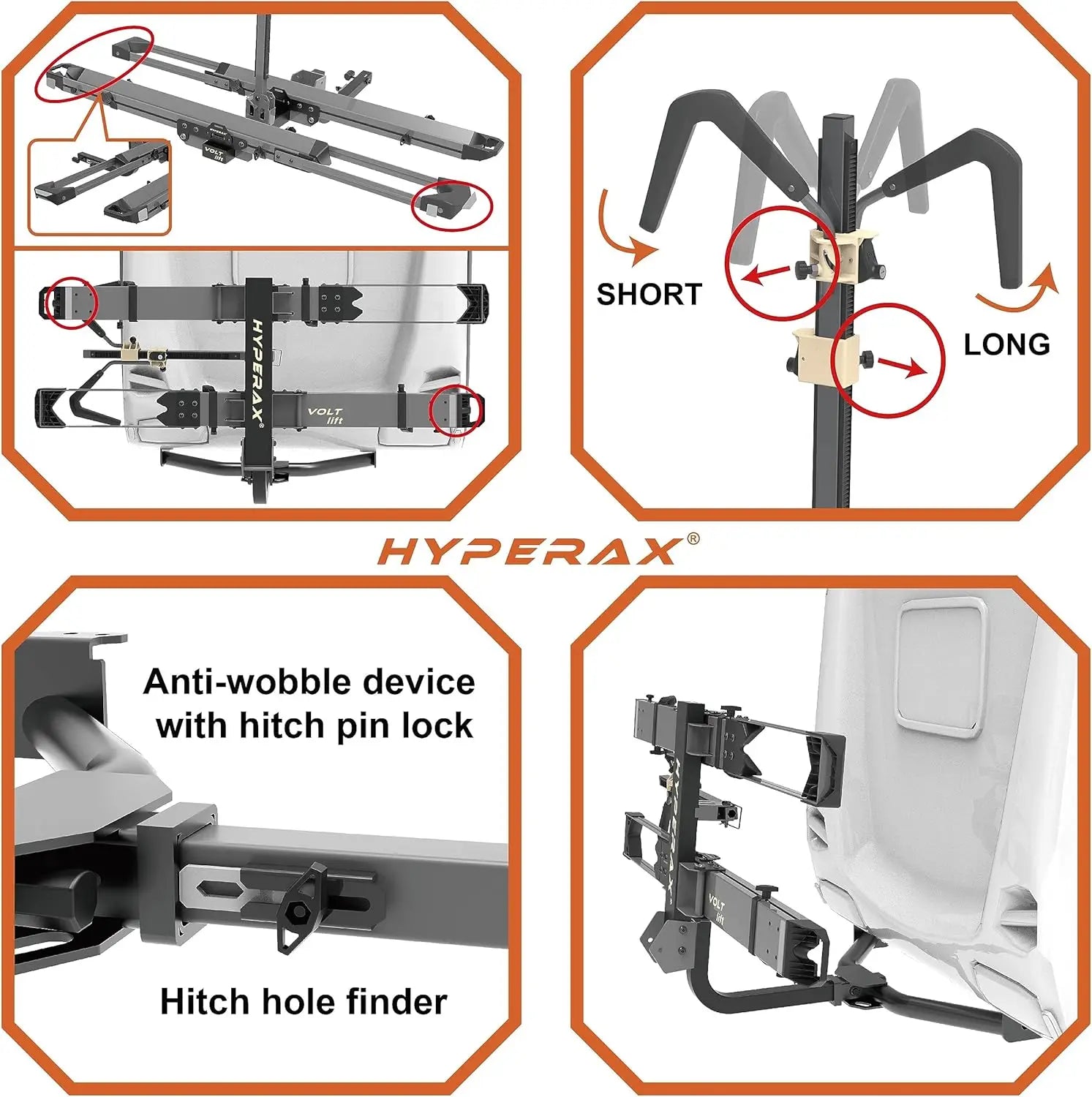 Lift-assisted hitch-mounted RV e-bike rack with ramp, carrying two fat tire electric bikes