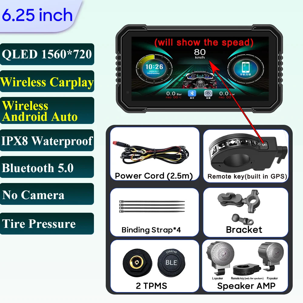 6.25-Inch Motorcycle Navigation Screen with Wireless CarPlay & Android Auto