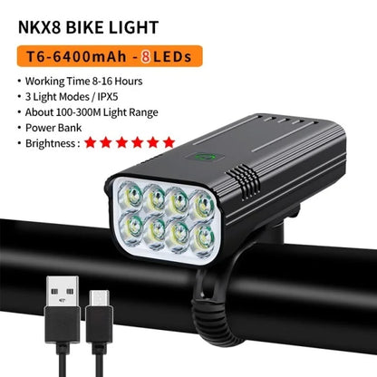 10000mAh 6-8 LED Bike Light USB Rechargeable 3600 Lumens Bike Headlight