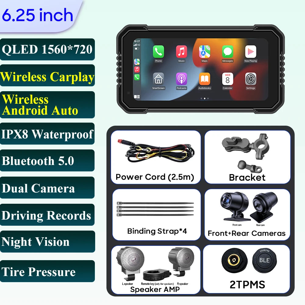 6.25-Inch Motorcycle Navigation Screen with Wireless CarPlay & Android Auto