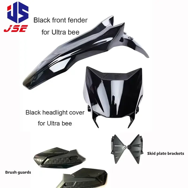 Upgrade your SURRON Ultra Bee with the Original Black Front Fender, Mudguard, Headlight Shroud, Skid Plate Brackets, and Brush Guards. Shop now at electricbikesandaccessories.com.