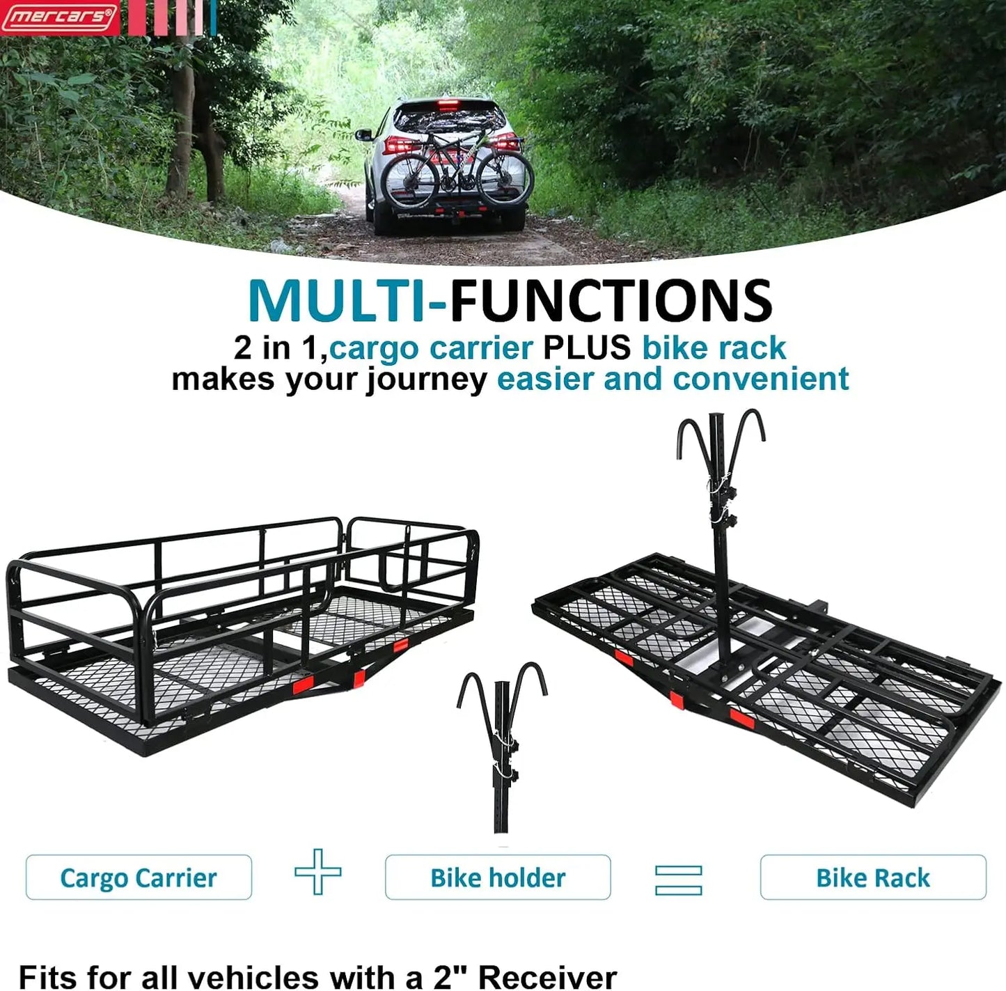 Heavy-duty bike rack mounted on an SUV, holding two fat-tire e-bikes