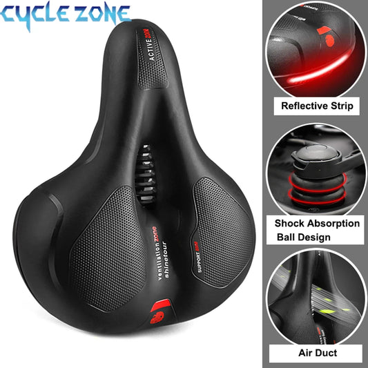 Hollow breathable e-bike saddle with big butt comfort, shock absorption, and reflective safety—ideal for men and women.