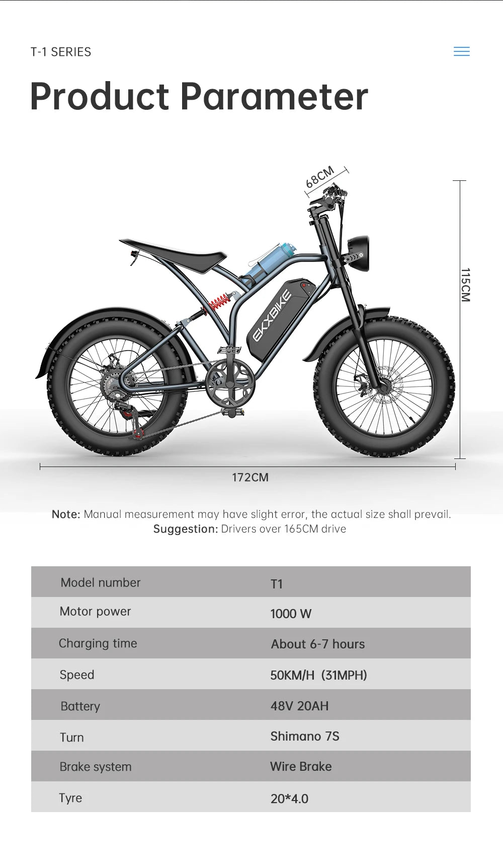 EKX T1 Electric Bicycle 20*4.0 Fat Tire 1000W Motor 48V 20AH Electric Bikes & Accessories