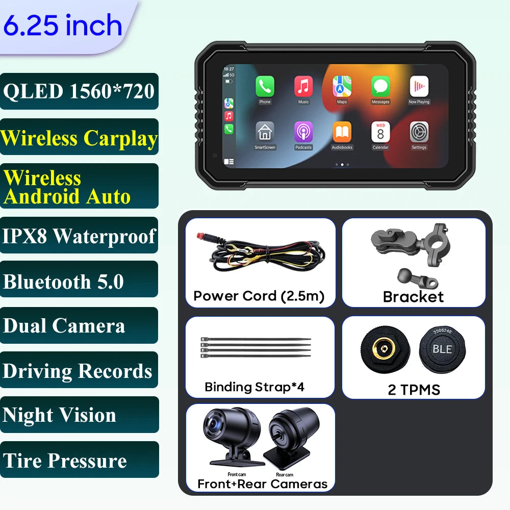 6.25-Inch Motorcycle Navigation Screen with Wireless CarPlay & Android Auto