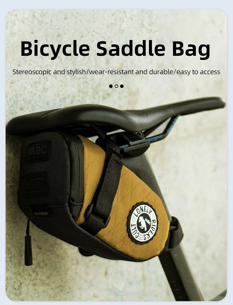 Bicycle saddle bag attached to a bike seat with text describing its features.