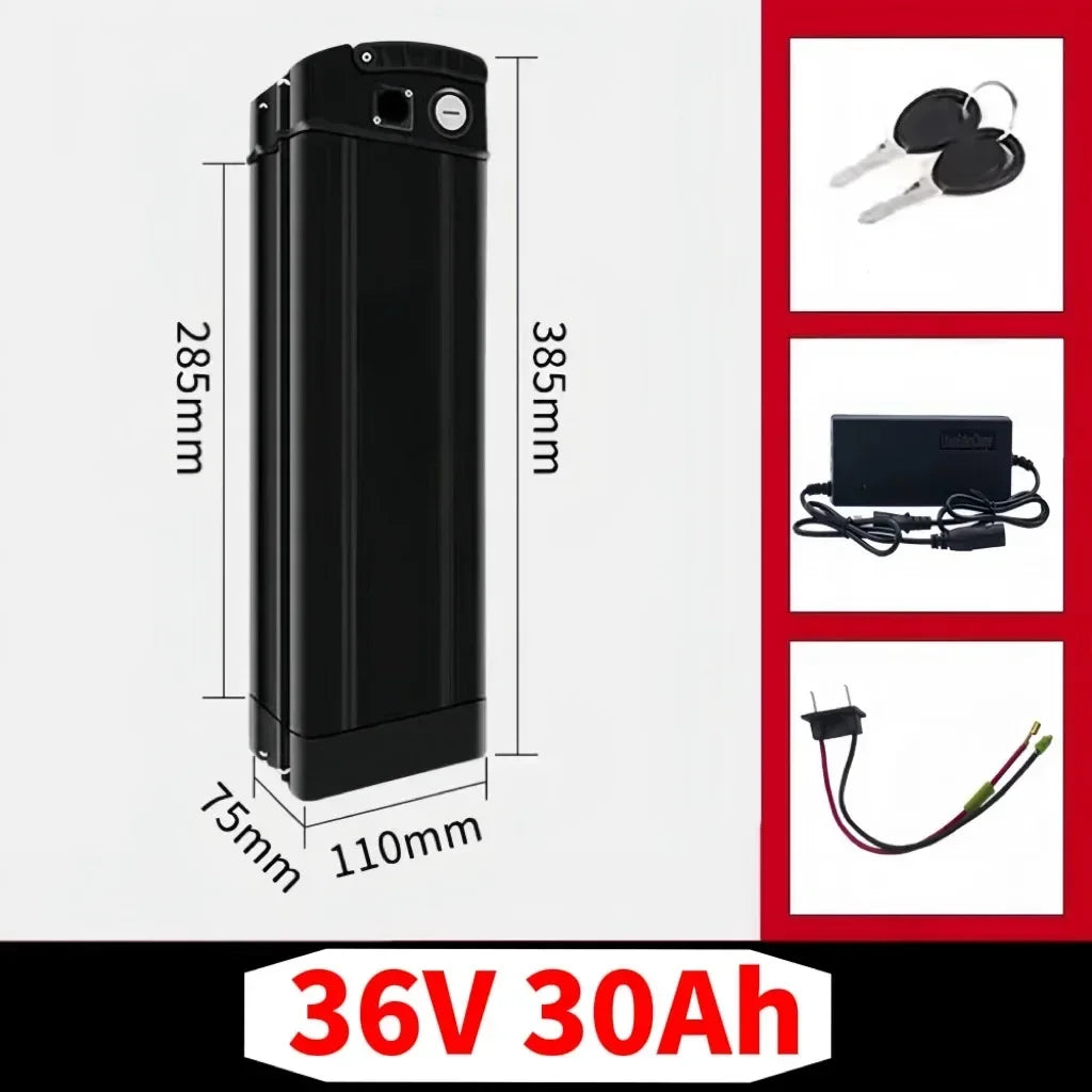 Discover high-quality Silver Fish Style e-bike battery packs for 36V, 48V, and 52V electric bicycles. Shop now at E-Bikes and Accessories for free shipping