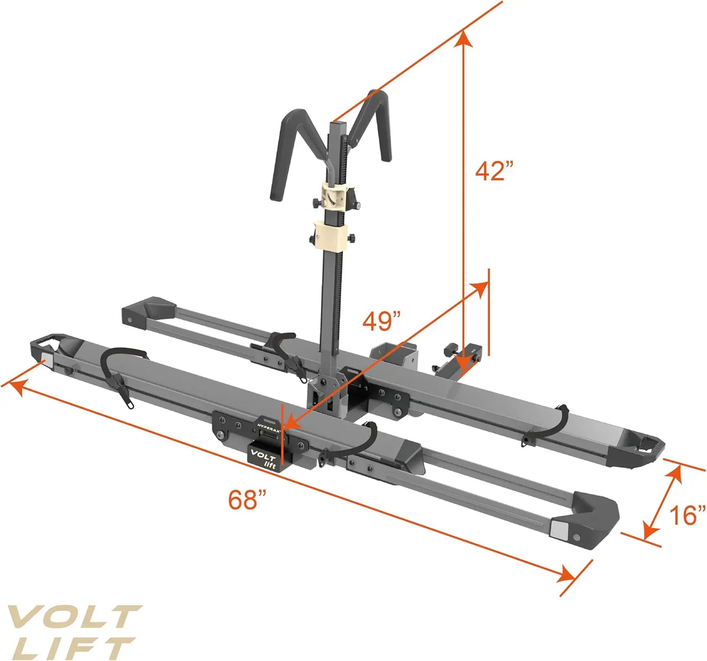 Lift-assisted hitch-mounted RV e-bike rack with ramp, carrying two fat tire electric bikes