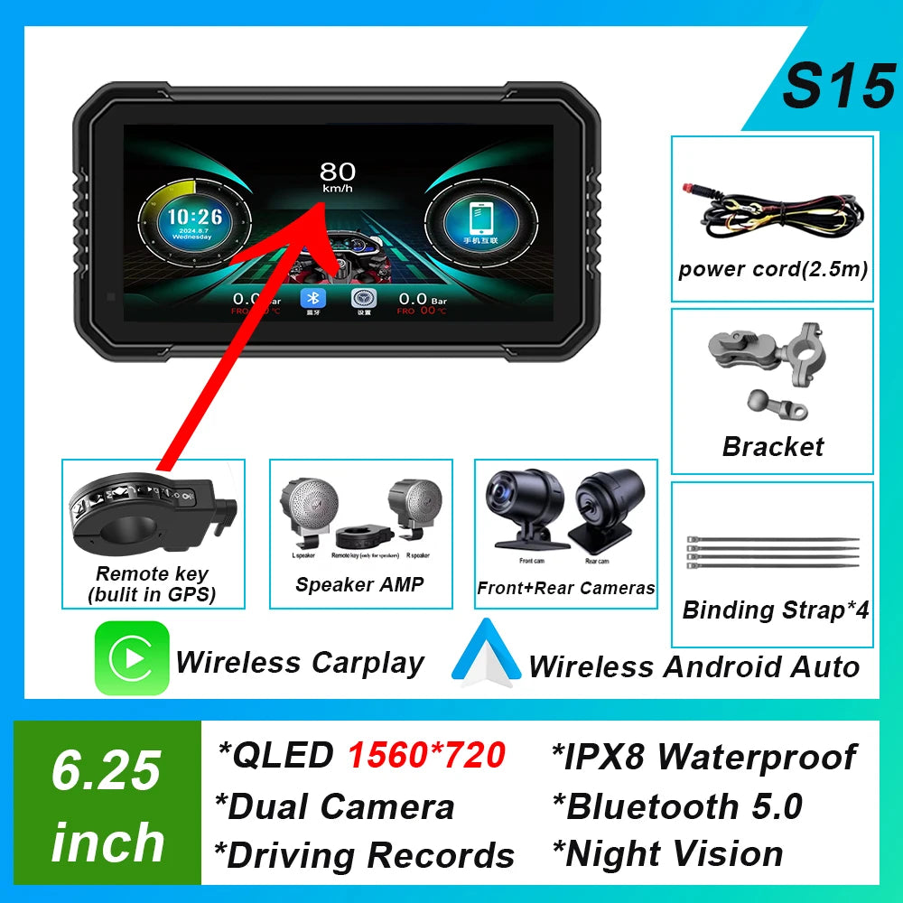 6.25-inch AutoNevee Car & E-Bike GPS with Wireless CarPlay and Android Auto