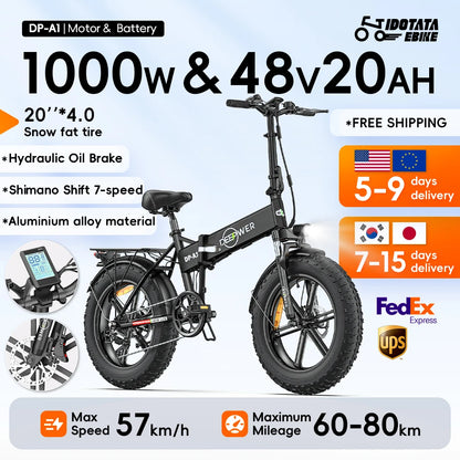 IDOTATA 1000W Electric Bike with 48V 20AH battery, 20-inch fat tires, and 7-speed Shimano gear for urban and mountain riding.