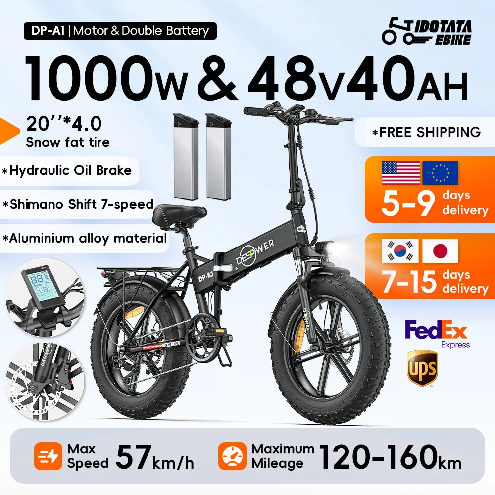 IDOTATA 1000W Electric Bike 48V 40AH with 20-inch fat tires, hydraulic brakes, and Shimano 7-speed gearing for urban and trail riding.