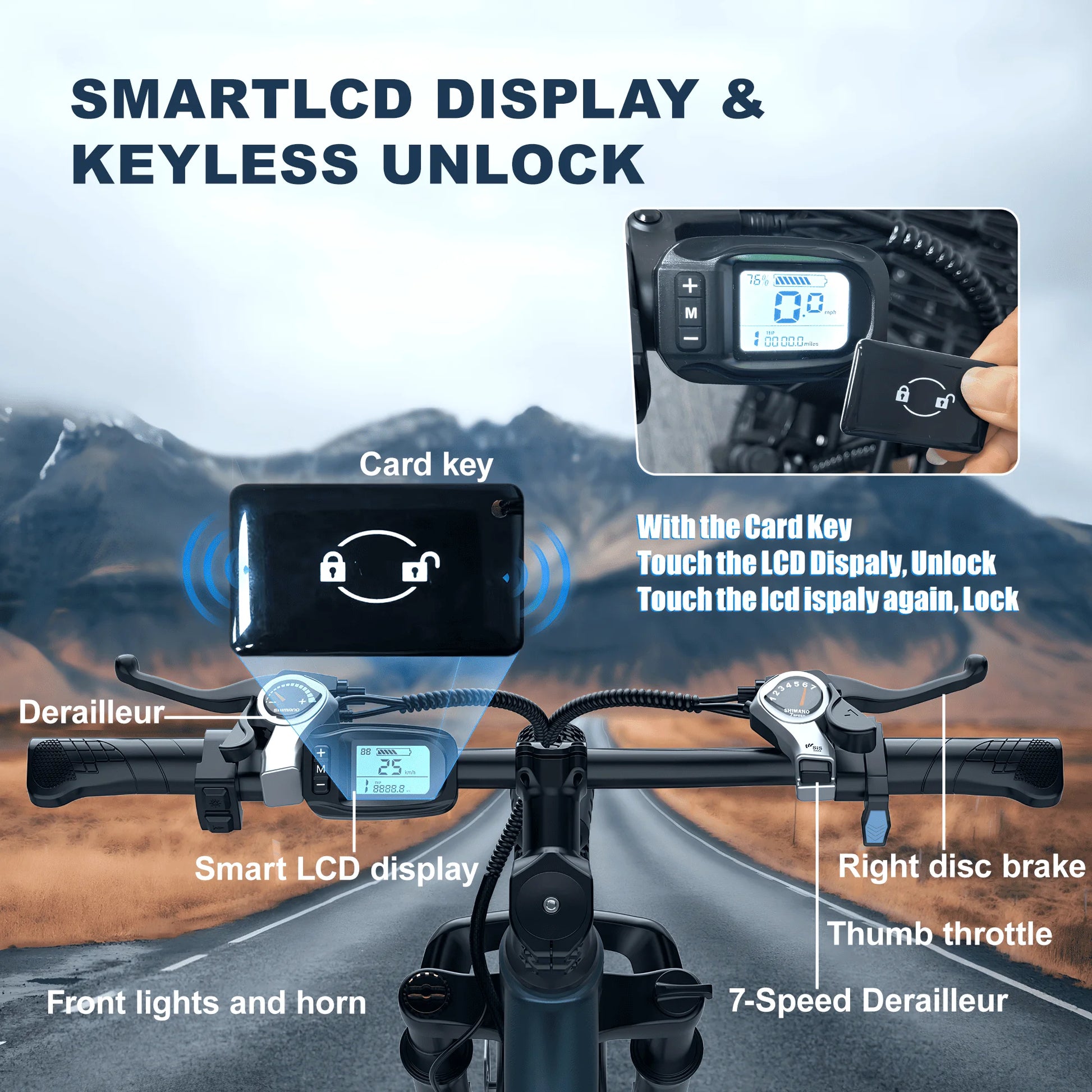 Bicycle handlebar with smart LCD display and keyless unlock features, set against a mountainous road background.