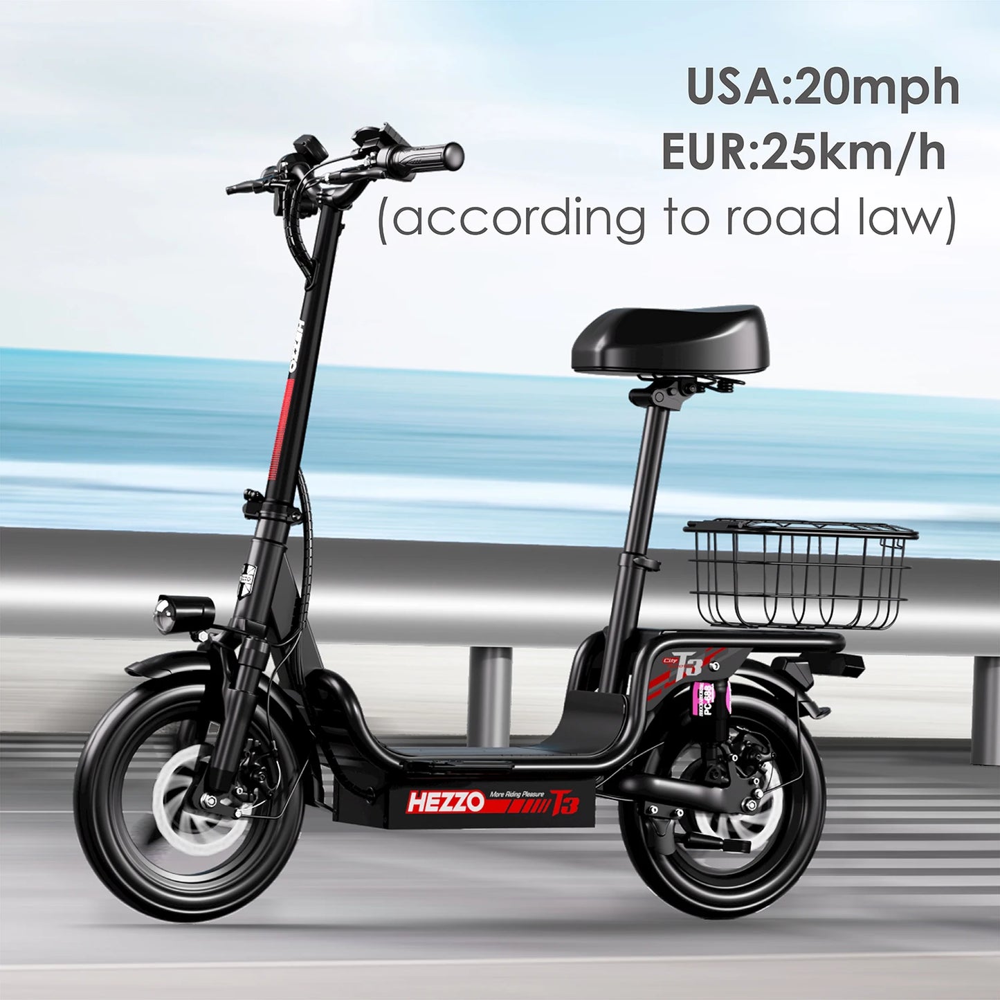 HEZZO Electric Scooter w/ Seat & Basket 48V 15Ah 500W Powerful Motor Foldable E-Scooter Ample Storage Up to 20Mph 25Miles Range Electric Bikes & Accessories