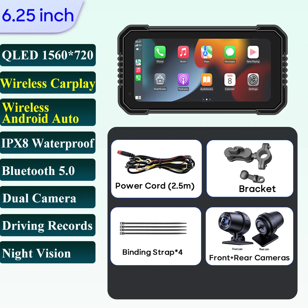 6.25-Inch Motorcycle Navigation Screen with Wireless CarPlay & Android Auto