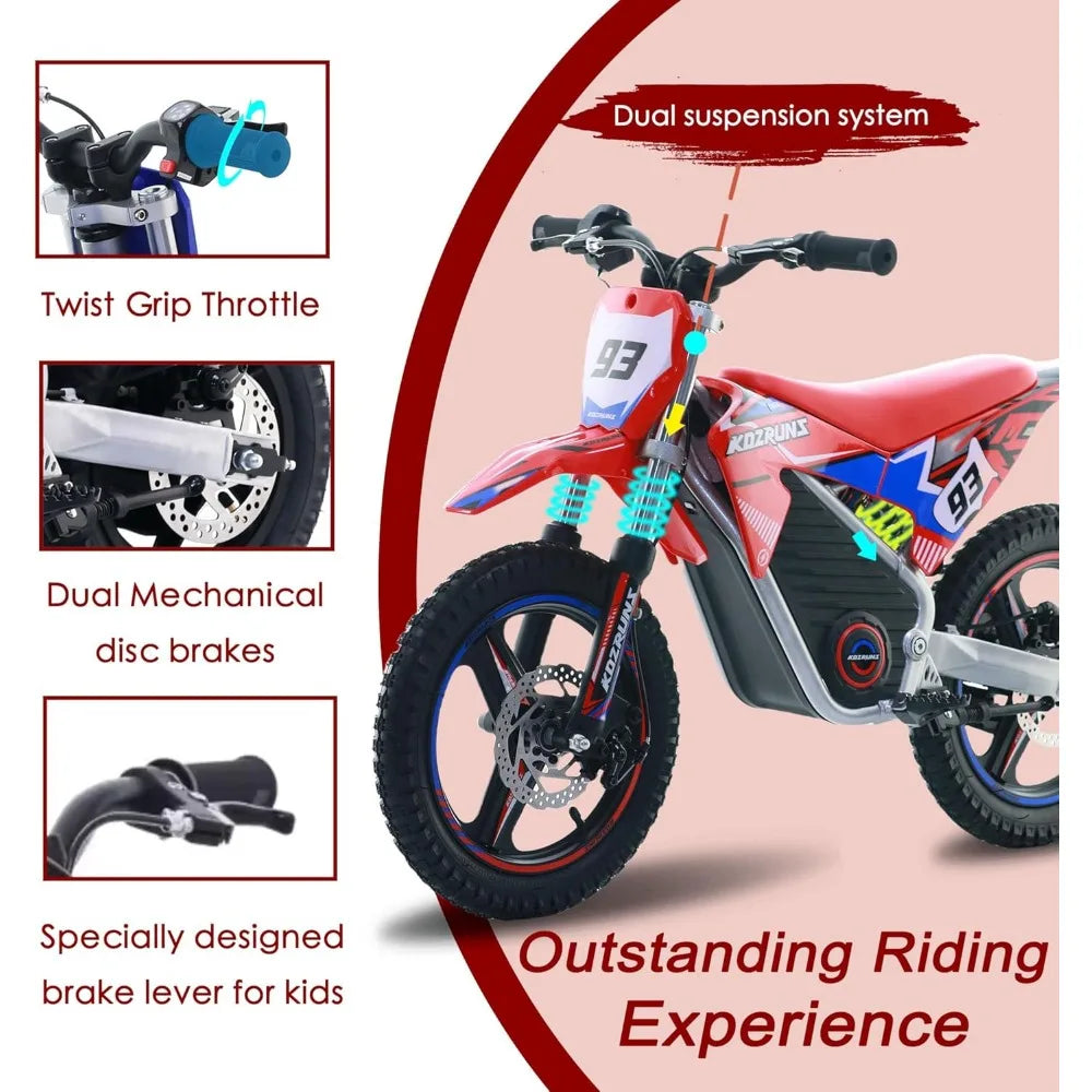 "Explore the best 36V Electric Dirt Bike for kids aged 6-12 with a brushless 350W motor, speeds up to 18.6MPH, and 3-speed settings. Shop now for free shipping!"